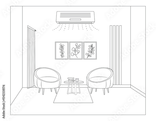 Hand drawing modern living room with white background, sketch line art, Line drawing of furniture for living room interior with chair lamp and potted plant, Modern interior and furniture