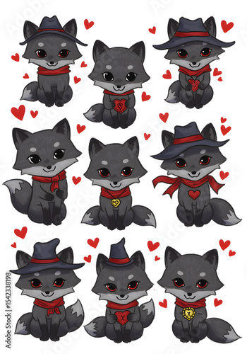 Nine charming foxes in hats and scarves, surrounded by hearts, celebrating love and friendship.