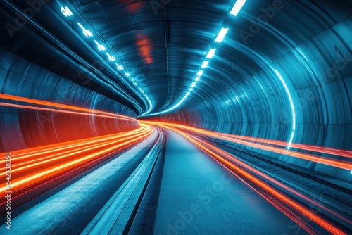 Inside rapid underground transportation tunnel with blurred lights showing motion and acceleration, concept for speed and innovative travel