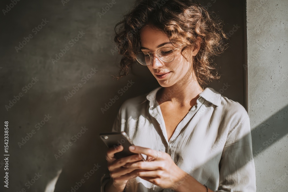 Fototapeta premium Professional woman engaged in texting on her phone while standing near a wall in a softly lit indoor environment during daylight hours