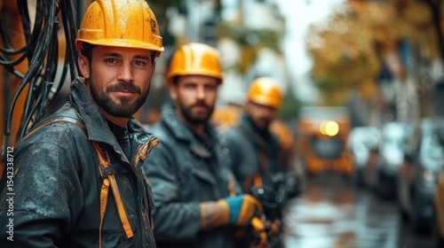Construction workers in urban environment during rainy day providing essential infrastructure maintenance