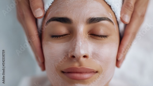 A woman with a white towel on her head is getting her face washed photo