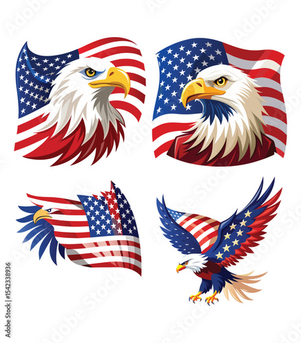 Patriotic bald eagle with American flag wings, vector illustration, symbol of freedom, Independence Day 4 july.