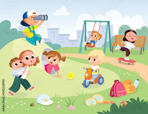 Children playing in the park. Playground with kids. Group of kids playing on playground spending time in games, having fun, fooling around  kids swinging. Summer activities. School yard. Summer camp.