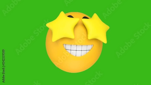 Yellow 3D emoji with star eyes and a wide grin on a green screen. Ideal for conveying excitement, awe, feeling impressed, or success