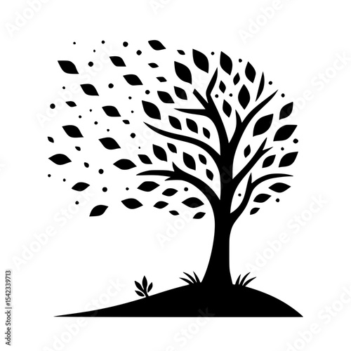 Minimalist Tree with Falling Leaves Silhouette – Black SVG Clipart Icon