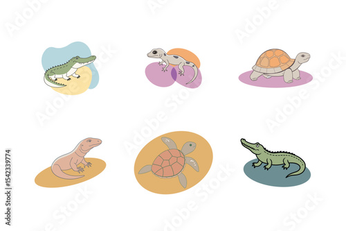 Set of reptile animals hand drawn vector. crocodile, turtle, monitor lizard for design for poster  and banner.