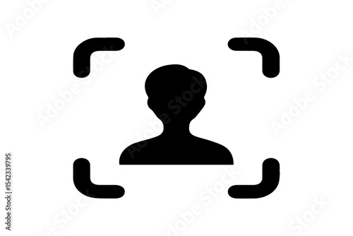 The image shows a black silhouette of a person's bust (head and shoulders) centered within four right-angle corners, arranged to resemble a focus or scanning frame.
