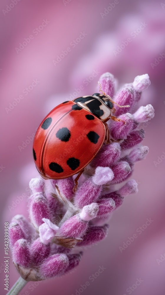 Fototapeta premium Orange ladybug on pink lavender flower