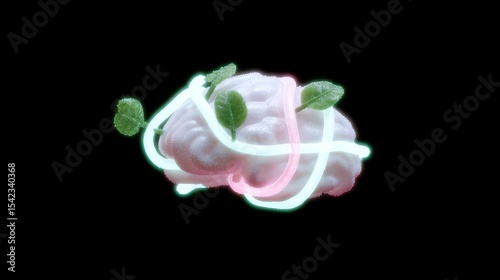Abstract Brain with Neon Lights and Green Leaves on Black Background