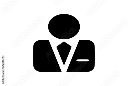 The figure is shown from the shoulders up, featuring a circular head without facial details and a suit jacket with a visible tie and pocket square.