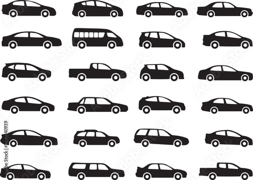 Car Silhouette Collection: A comprehensive array of car silhouettes, offering a diverse selection of vehicle designs, ideal for illustrating various transportation concepts. 