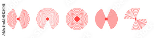 Set of red radar icons. Circle connection, pain concentration, sonar sound waves icons set