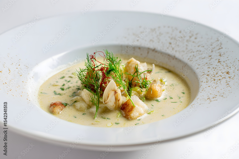Creamy Soup with Bread Croutons and Fresh Herbs in White Bowl, Gourmet Cuisine. Creamy Soup with Bread Croutons and Fresh Herbs in White Bowl, Gourmet Cuisine.