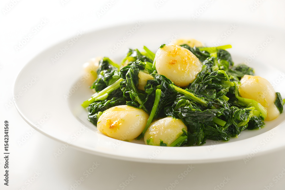 Sautéed turnip bulbs and greens on a white plate against a bright background. Sautéed turnip bulbs and greens on a white plate against a bright background.
