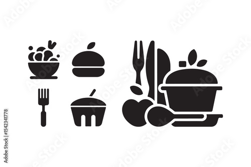 Minimal Black Food Icons Salad, Burger, Muffin, Cutlery, Cooking Pot and Fresh Produce