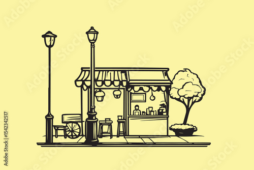 Hand drawn Roadside tea stall or coffee shop with street side view