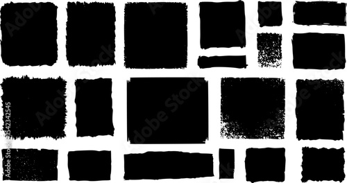 Black vector rough edge rectangles. Grunge square frames set. Jagged edge torn paper background collection. Paint brush strokes. Grungy distressed text boxes. EPS 10 version.