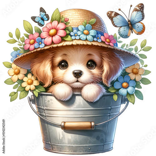Playful Puppy's Summer: A captivating illustration features a cute puppy adorned with a floral hat, nestled inside a metal bucket surrounded by vibrant flowers and fluttering butterflies.