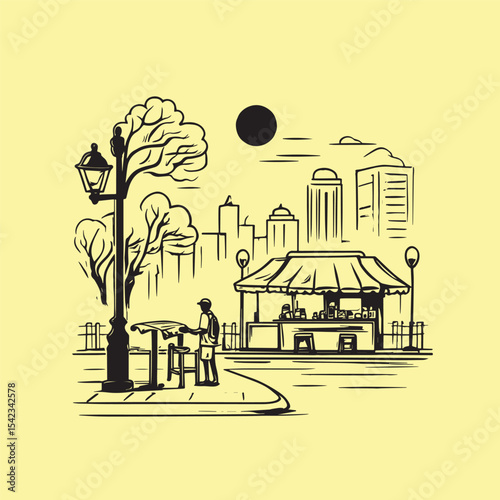 Hand drawn Roadside tea stall or coffee shop with street side view