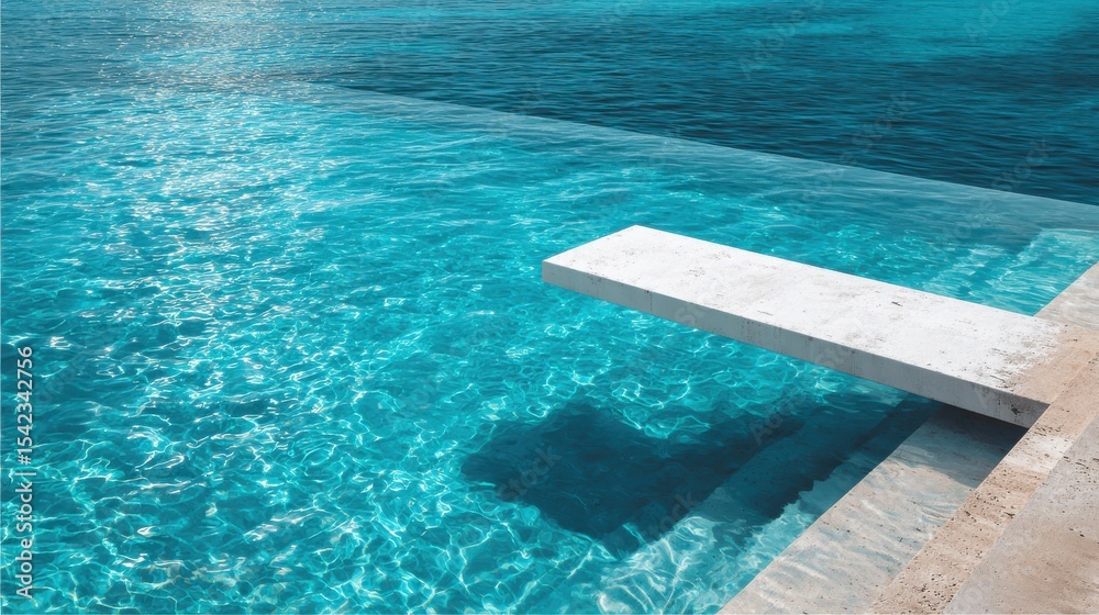 Obraz premium Stunning photo of swimming pool diving board with clear turquoise water. Blue sky reflected in water. Outdoor setting with sunlight. Fresh style. White diving board. Luxurious.