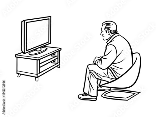 Man Sitting and Watching TV on White Background