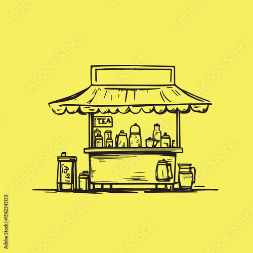 Hand drawn Roadside tea stall or coffee shop with street side view