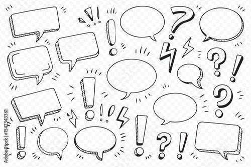 Vector hand drawn speech bubbles thought clouds with punctuation icons
