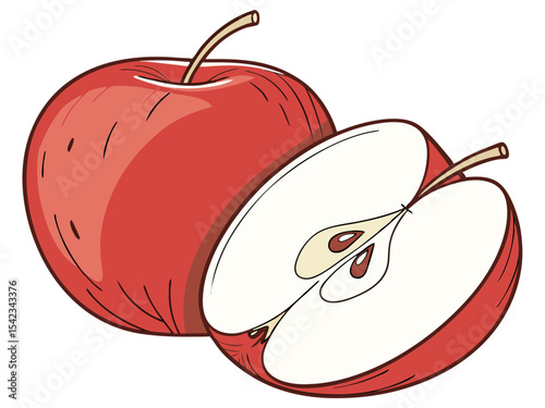 Whole and Sliced Apple Fruit Drawing