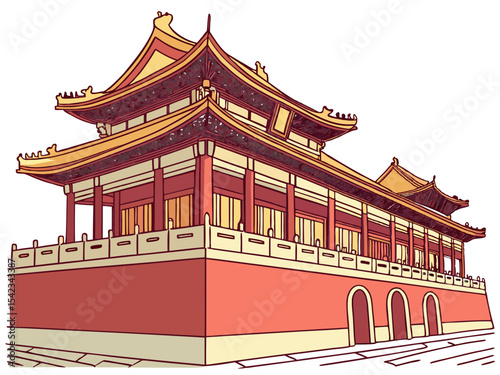 Historic Temple Drawing with Eastern Architecture