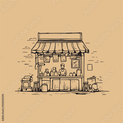 Hand drawn Roadside tea stall or coffee shop with street side view
