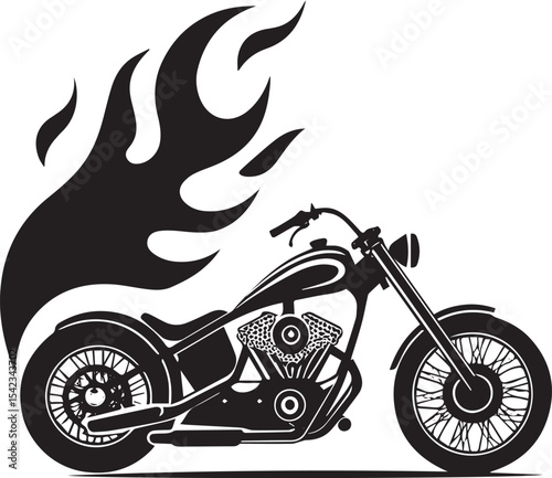 Roaring Ride: A dynamic, monochromatic illustration of a motorcycle engulfed in flames, representing speed and freedom, showcasing the raw power and energy of the open road.
