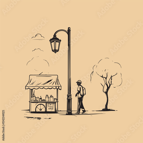 Hand drawn Roadside tea stall or coffee shop with street side view