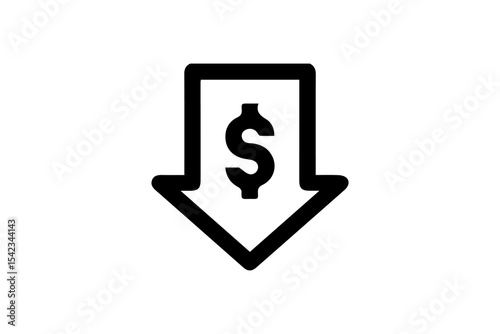 The image is a black and white vector icon depicting a downward-pointing arrow with a dollar sign ($) inside it.