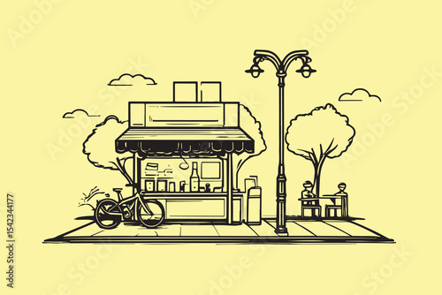 Hand drawn Roadside tea stall or coffee shop with street side view