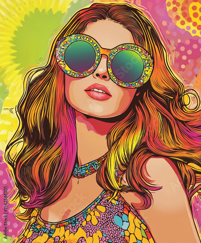 1960's pop art Fashion portrait of a model  hippy girl in sunglasses. Poster or flyer in trendy retro colors