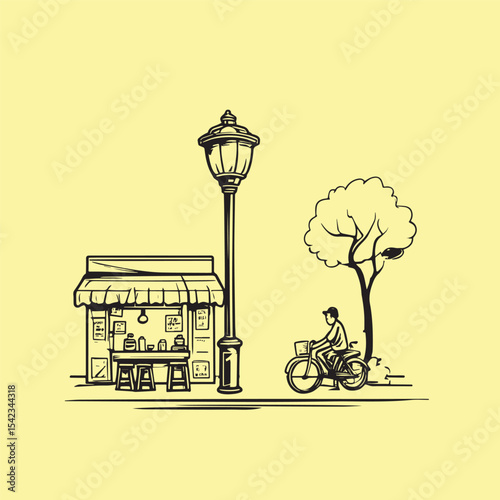 Hand drawn Roadside tea stall or coffee shop with street side view