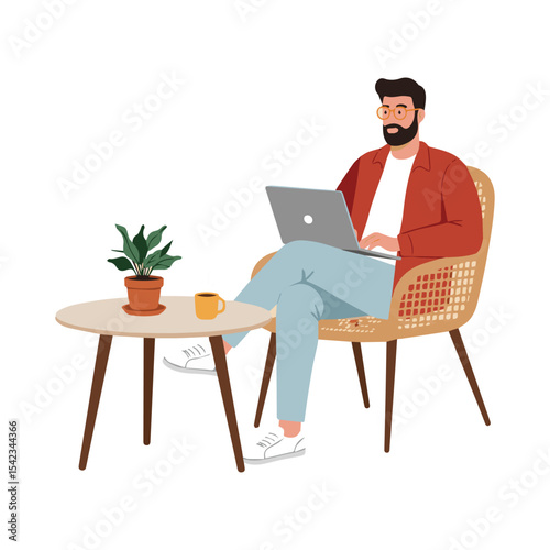 Bearded Man Working on Laptop at Coffee Table with Potted Plant Enjoying Casual Indoor Vibe