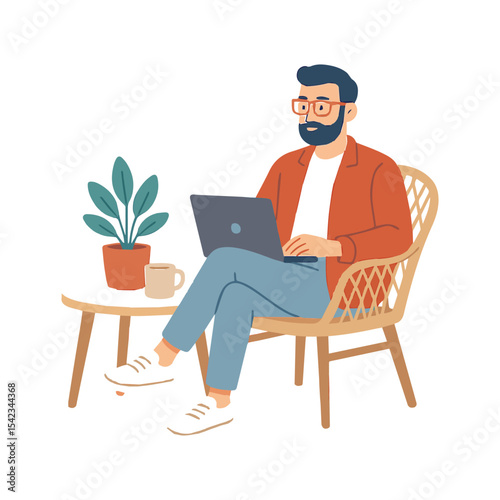 Bearded Man Working from Home with Laptop in Rattan Chair next to Coffee and Houseplant on Side Table