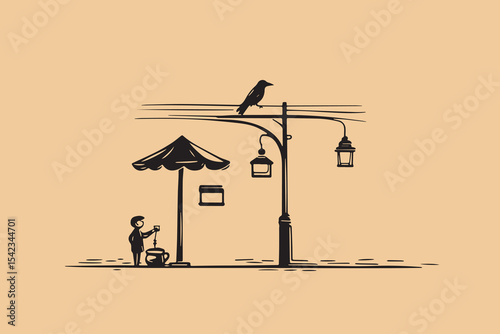 Bird or crow sitting on lamppost or power line with street style coffee or tea stall in a city concept design