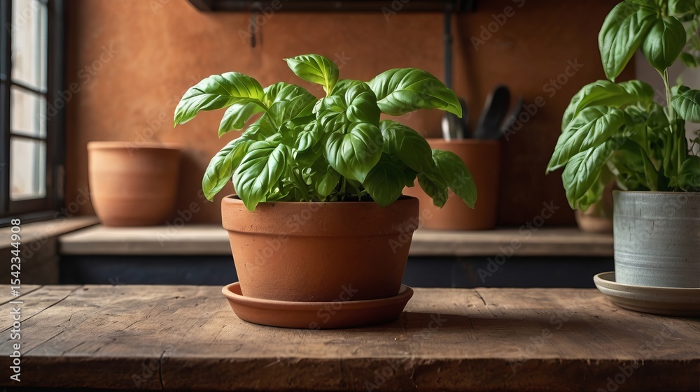Fresh Basil Plant on Textured Kitchen Backdrop Fresh Basil Plant on Textured Kitchen Backdrop