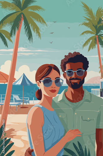 Stylish couple in sunglasses posing together on a beach with palm trees, enjoying a sunny vacation