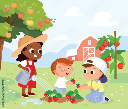 Children are taking care of strawberries, watering and picking them, on a farm in the countryside. In the garden, apple trees and tomatoes are growing, barn in the background. holidays  on rural farm