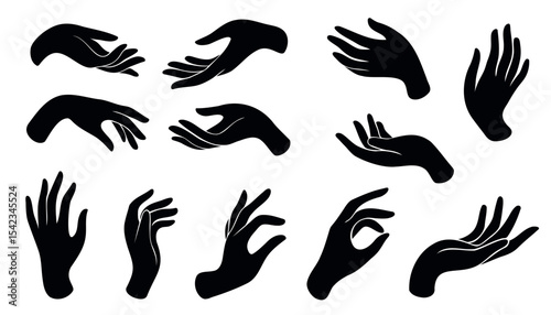 Set of various black silhouette woman hands.  collection of female hands of different gestures. Trendy minimal style for logos, prints, designs, illustrations.