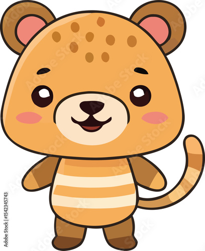 Cartoonish Spotted BearLike Creature with Striped Body and Rosy Cheeks.