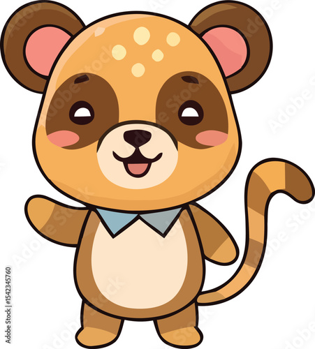 Cartoonish Tanuki with Striped Tail and Blue Bowtie Waving Hello.