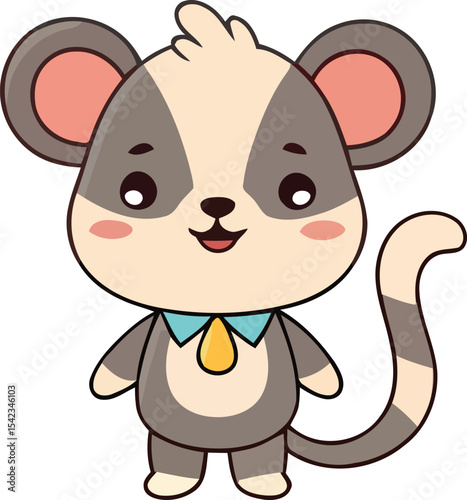 Cartoon Mouse Character with Striped Tail and Blue Bowtie Illustration.