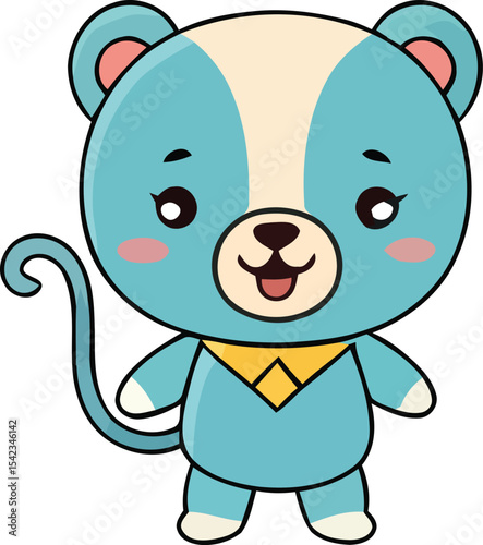 Cartoonish Blue Bear with Yellow Scarf and Curly Tail Illustration.