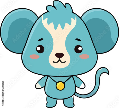 Cartoonish blue mouse with a golden pendant big ears and a curly tail.