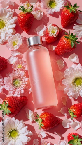 Pink Collagen Beauty Drink with Strawberries and Petals on Pastel Surface, professional product and advertisement videography shoot
